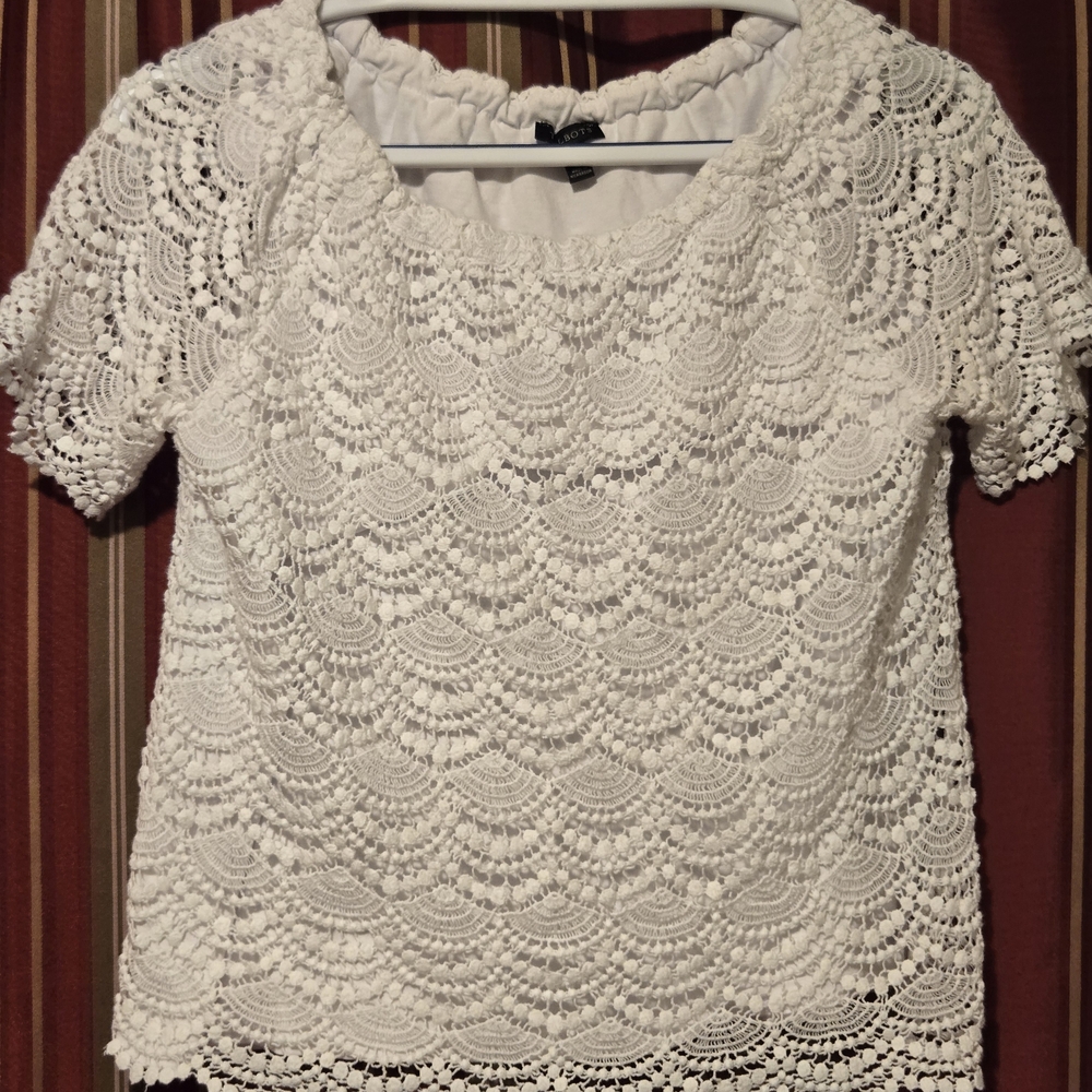 Talbots Scalloped Lace Off Shoulder Blouse White Size S Top Short Sleeve